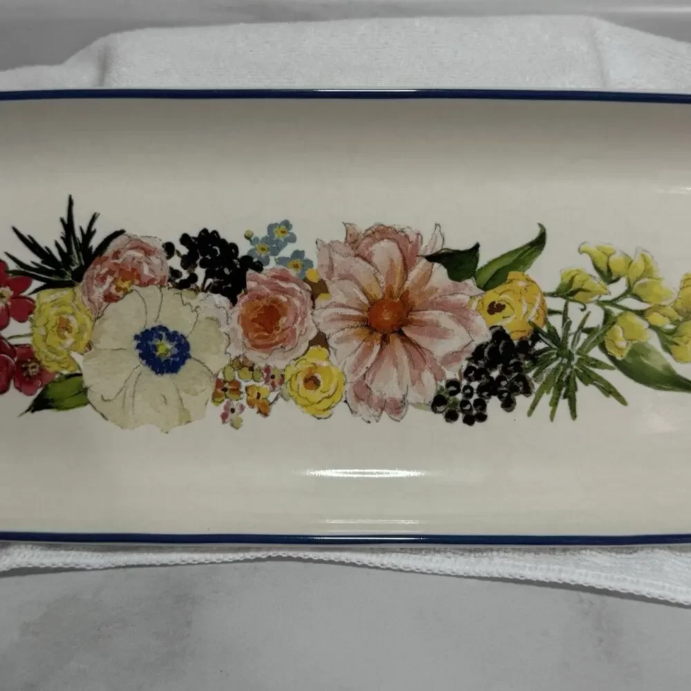Pottery Barn Rimsk Platter Floral Oval Stoneware Spring